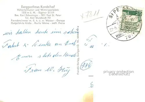 AK / Ansichtskarte Waldkirch_Breisgau Berggasthaus Kandel Bergkapelle Panorama Innenaufnahme Glottertal Kandelpyramide St Peter Waldkirch Breisgau