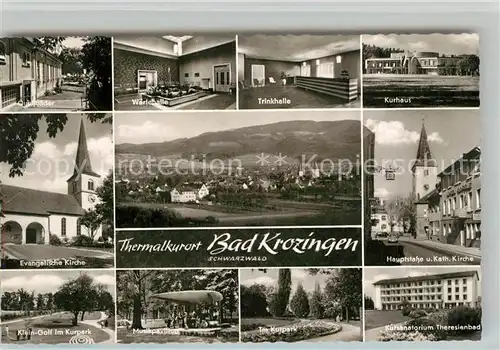 AK / Ansichtskarte Bad_Krozingen Quellbaeder Wartehalle Trinkhalle Kurhaus Ev Kirche Hauptstr Kath Kirche Minigolf Musikpavillon Kurpark Kursanatorium Theresienbad Bad_Krozingen
