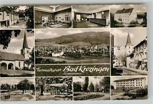 AK / Ansichtskarte Bad_Krozingen Quellbaeder Wartehalle Trinkhalle Kurhaus Ev Kirche Hauptstr Kath Kirche Minigolf Musikpavillon Kurpark Kursanatorium Theresienbad Bad_Krozingen