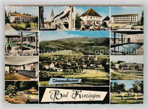 AK / Ansichtskarte Bad_Krozingen Park Sanatorium Hauptstr Theresien Krankenhaus und Kursanatorium Trinkhalle Panorama Konzert Kurpark Cafe Restaurant im Kurpark Bad_Krozingen