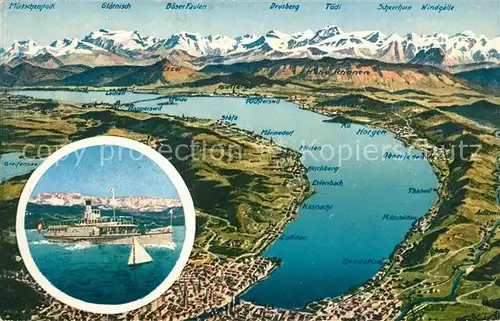 AK / Ansichtskarte Zuerichsee_ZH Panoramakarte mit Alpen Dampfschiffahrt  Zuerichsee ZH