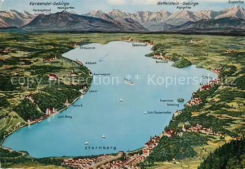 AK / Ansichtskarte Starnbergersee Panorama Umgebung mit Alpen aus der Vogelperspektive Kuenstlerkarte Starnbergersee