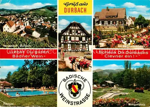 AK / Ansichtskarte Durbach Winzerdorf Fachwerkhaus Freibad Minigolfplatz Durbach