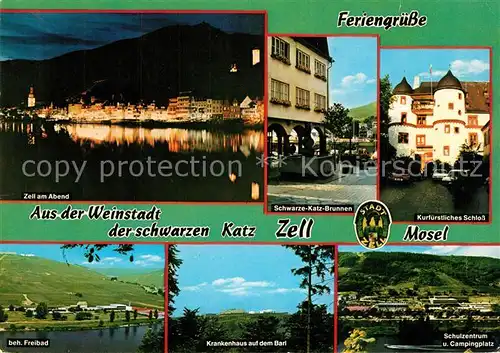 AK / Ansichtskarte Zell_Mosel Nachtaufnahme Schwarze Katz Brunnen Kurfuerstliches Schloss Freibad Krankenhaus Schulzentrum Campingplatz Zell_Mosel
