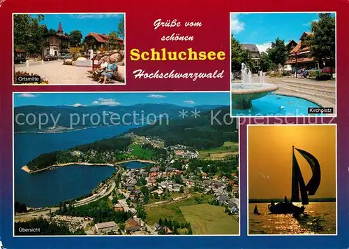 AK / Ansichtskarte Schluchsee Ortsmitte Kirchplatz Fliegeraufnahme Segelboot Schluchsee