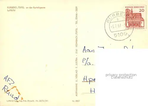 AK / Ansichtskarte Rurberg Fliegeraufnahme mit Rurtalsperre Rurberg