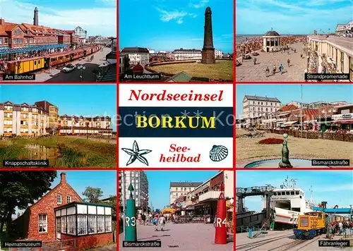 AK / Ansichtskarte Borkum_Nordseebad Am Bahnhof Leuchtturm Strandpromenade Knappschaftsklinik Bismarckstr Heimatmuseum Faehranleger Borkum_Nordseebad