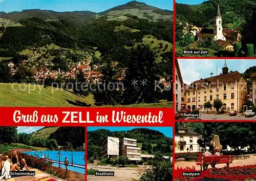 AK / Ansichtskarte Zell_Wiesental Panorama Kirche Rathaus Schwimmbad Stadthalle Stadtpark Zell Wiesental