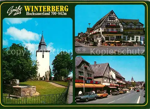 AK / Ansichtskarte Winterberg_Hochsauerland Kirche Hotel Hellenbad Strassenpartie Winterberg_Hochsauerland
