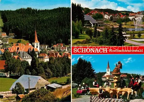 AK / Ansichtskarte Schonach_Schwarzwald Blick vom Hoefleberg Kurhaus mit Kurgarten Dorfbrunnen Schonach Schwarzwald