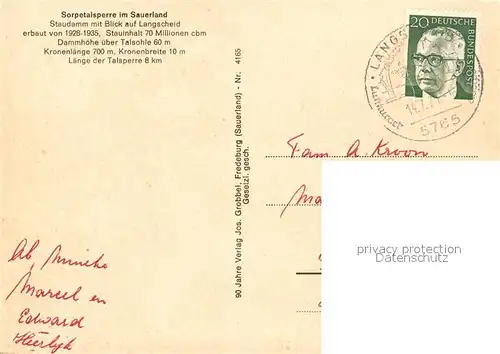 AK / Ansichtskarte Sorpeseetalsperre Staudamm mit Blick auf Langscheid 