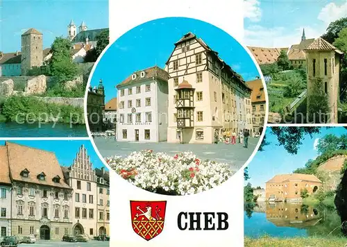 AK / Ansichtskarte Cheb_Eger Blick zur Altstadt Burgruine Stadtmauer Innenstadt Partie am Fluss 