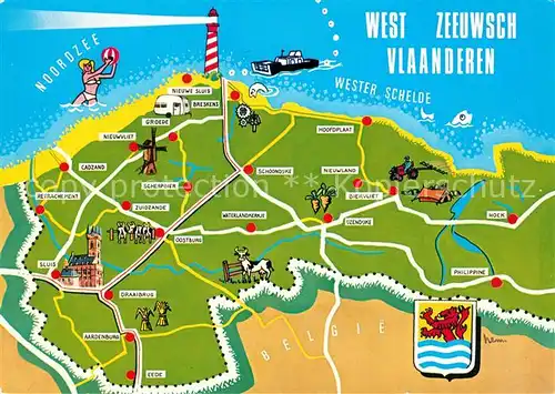 AK / Ansichtskarte Zeeuws_Vlaanderen Landkarte Kueste Wappen Zeeuws_Vlaanderen