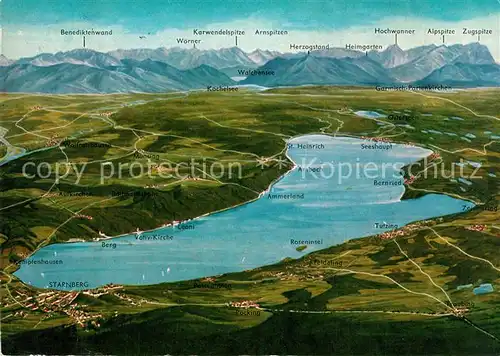 AK / Ansichtskarte Starnbergersee und Umgebung mit Alpen aus der Vogelperspektive Kuenstlerkarte Starnbergersee