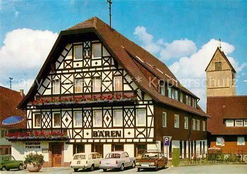 AK / Ansichtskarte Lossburg Schwarzwald Gasthof Pension Baeren Fachwerkhaus Kirchturm Lossburg