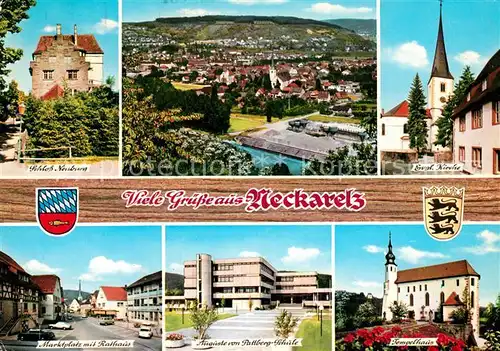 AK / Ansichtskarte Neckarelz Schloss Neuburg Panorama Ev Kirche Marktplatz mit Rathaus Auguste von Pattberg Schule Tempelhaus Neckarelz