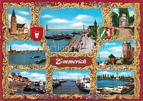 AK / Ansichtskarte Emmerich_Rhein Kirche Bruecke Frachtschiffe Teilansichten Emmerich Rhein