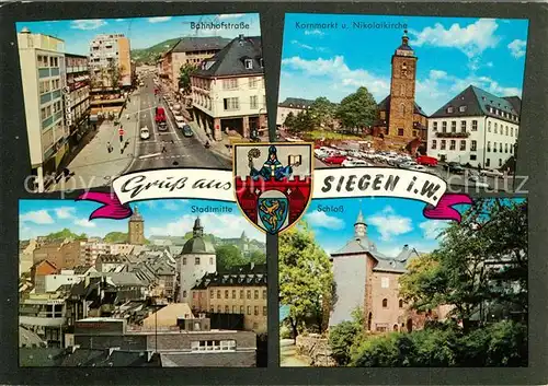 AK / Ansichtskarte Siegen_Westfalen Bahnhofstr Kornmark Nikolaikirche Stadtmitte Schloss Siegen_Westfalen