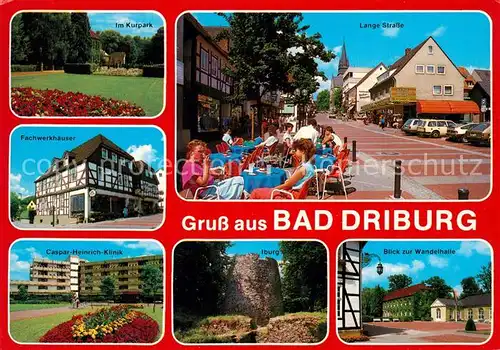 AK / Ansichtskarte Bad_Driburg Kurpark Fachwerkhaeuser Caspar Heinrich Klinik Lange Str Iburg Wandelhalle Bad_Driburg