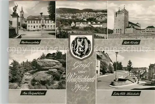 AK / Ansichtskarte Waldfischbach Burgalben Rathausplatz Kirche Galgenfelsen Ecke Hoeh Welschstrasse Stadtpanorama Wappen Bromsilber Waldfischbach Burgalben