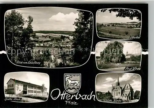 AK / Ansichtskarte Otterbach_Pfalz Panorama Blick vom Schlossberg Ottertal Kirche Goetheschule Wappen Bromsilber Otterbach Pfalz