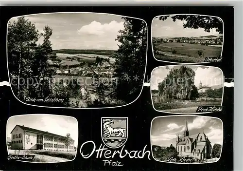 AK / Ansichtskarte Otterbach_Pfalz Panorama Blick vom Schlossberg Ottertal Kirche Goetheschule Wappen Otterbach Pfalz