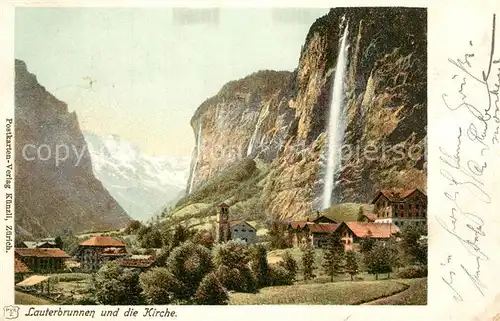 AK / Ansichtskarte Lauterbrunnen_BE Kirche mit Wasserfall Lauterbrunnen BE