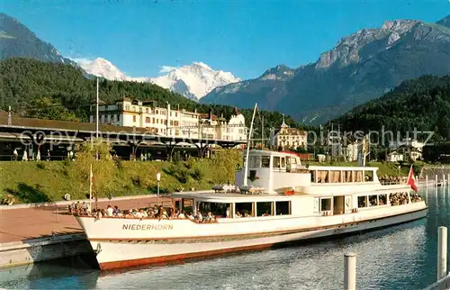 AK / Ansichtskarte Motorschiffe Niederhorn Interlaken Schiffstation Moench Jungfrau Motorschiffe