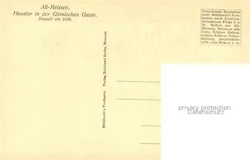 AK / Ansichtskarte Alt_Meissen_Elbe Haustor in der Goernischen Gasse um 1600 Folge 6 No 5 Alt_Meissen_Elbe