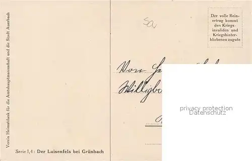 AK / Ansichtskarte Gruenbach_Vogtland Der Luisenfels R. Doering Kuenstlerkarte Serie I 4 Gruenbach_Vogtland