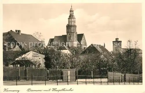 AK / Ansichtskarte Kamenz_Sachsen Damm mit Hauptkirche Kamenz Sachsen