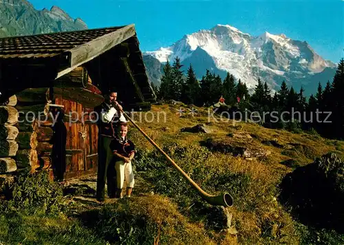 AK / Ansichtskarte Alphorn Alphornblaeser Wengen Sennenbub Jungfrau Alphorn