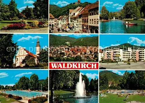 AK / Ansichtskarte Waldkirch_Breisgau Park Gondelteich Panorama Kirche Schwimmbad Fontaene  Waldkirch Breisgau