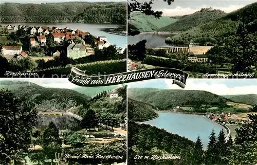 AK / Ansichtskarte Herzhausen_Edersee Panorama Sperrmauer Schloss Blick auf Haus Waldfrieden Herzhausen Edersee
