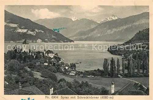 AK / Ansichtskarte Spiez_Thunersee_BE Panorama mit Schreckhoerner Berner Alpen Spiez_Thunersee_BE