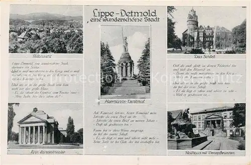 AK / Ansichtskarte Detmold Teilansicht Theater Hermannsdenkmal Teutoburger Wald Schloss Rathaus Brunnen Detmold