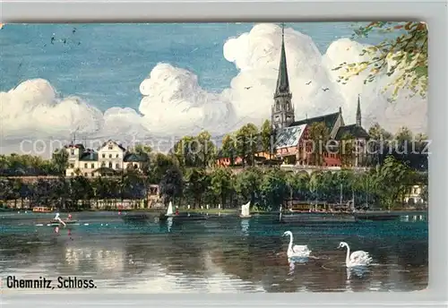 AK / Ansichtskarte Chemnitz Blick ueber den See zur Kirche Schwaene Kuenstlerkarte Chemnitz