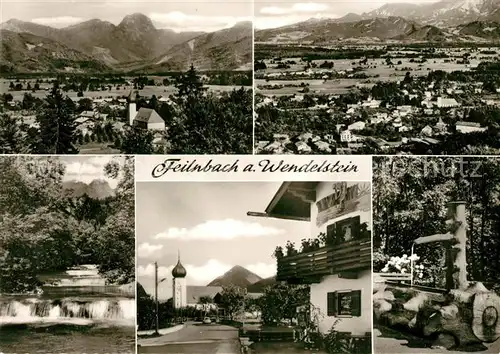 AK / Ansichtskarte Bad_Feilnbach Gesamtansicht mit Alpenpanorama Wendelstein Mangfallgebirge Wasserfall Ortsmotiv mit Kirche Brunnen Bad_Feilnbach