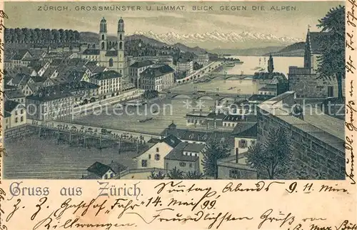 AK / Ansichtskarte Zuerich_ZH Grossmuenster mit Limmat und Alpenblick Zuerich_ZH