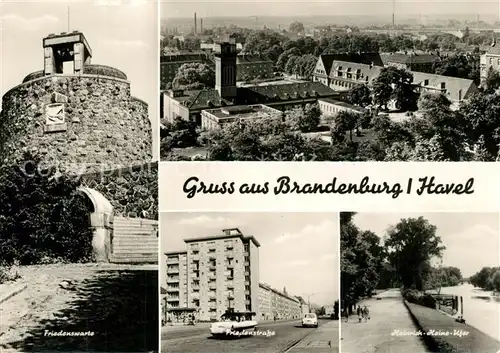AK / Ansichtskarte Brandenburg_Havel Friedenswarte Stadtpanorama Friedenstrasse Heinrich Heine Ufer Promenade am Fluss Brandenburg Havel