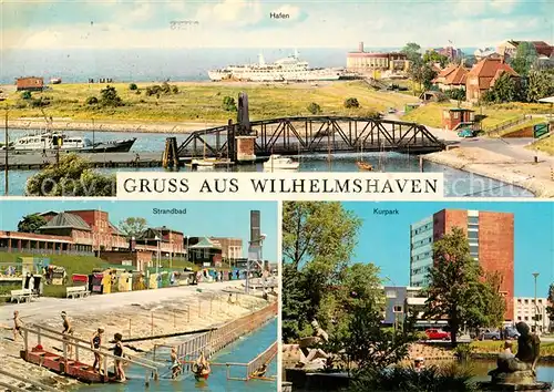 AK / Ansichtskarte Wilhelmshaven Blick zum Hafen Bruecke Strandbad Kurpark Hochhaus Wilhelmshaven