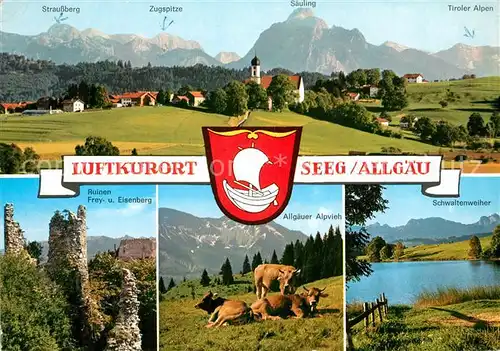 AK / Ansichtskarte Seeg Gesamtansicht mit Alpenpanorama Schwaltenweiher Allgaeuer Alpvieh Ruinen Freyberg Eisenberg Seeg