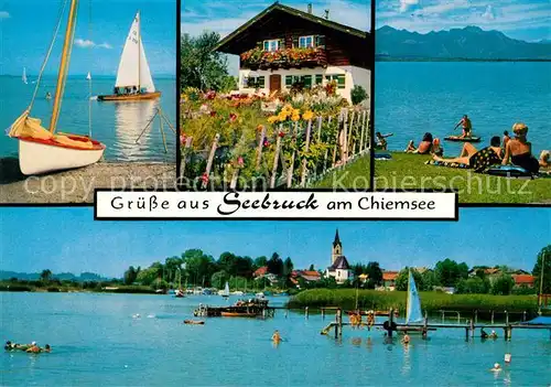 AK / Ansichtskarte Seebruck_Chiemsee Segelsport Blumenschmuck Strand Blick zur Kampenwand Strandbad Ortsansicht mit Kirche Seebruck Chiemsee