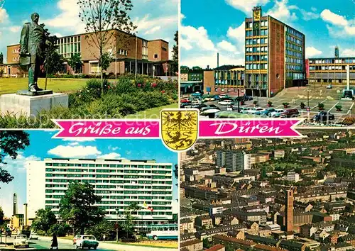 AK / Ansichtskarte Dueren_Rheinland Zentrum Fliegeraufnahme Hochhaeuser Denkmal Statue Dueren_Rheinland