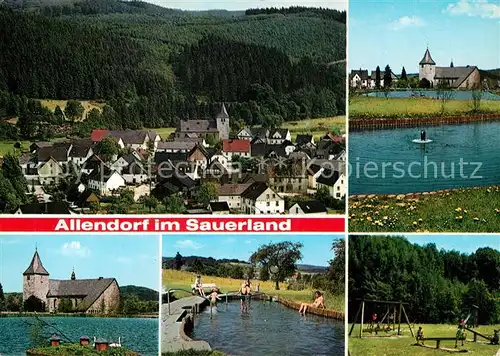 AK / Ansichtskarte Allendorf_Sauerland Gesamtansicht Kirche Schwanenteich Wassertreten Kinderspielplatz Allendorf_Sauerland