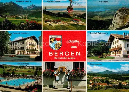 AK / Ansichtskarte Bergen_Chiemgau Panorama mit Bayerischen Alpen Gasthof Freibad Briefkasten Trachten Hochfellnbahn Gipfelkreuz Bergen Chiemgau