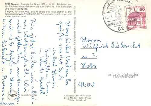 AK / Ansichtskarte Bergen_Chiemgau Panorama mit Bayerischen Alpen Gasthof Freibad Briefkasten Trachten Hochfellnbahn Gipfelkreuz Bergen Chiemgau