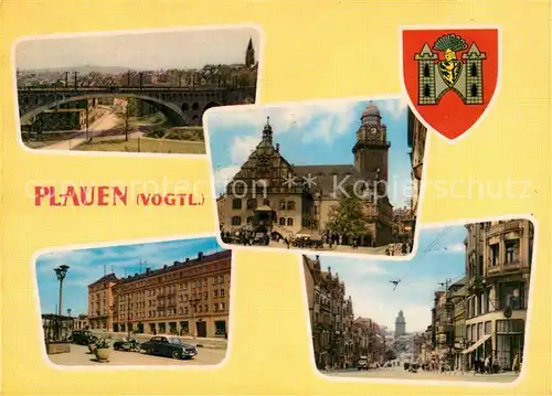 AK / Ansichtskarte Plauen_Vogtland Bruecke Rathaus Kirche Innenstadt Strassenpartie Wappen Plauen_Vogtland