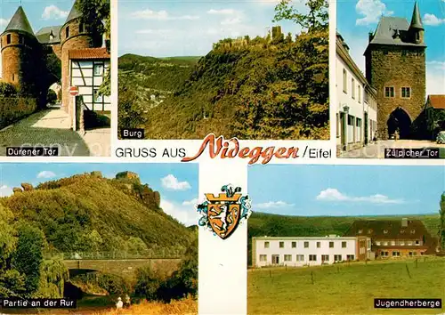 AK / Ansichtskarte Nideggen_Eifel Duerener Tor Burgruine Zuelpicher Tor Jugendherberge Partie an der Rur Nideggen Eifel