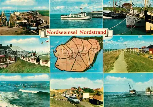 AK / Ansichtskarte Nordstrand Hafen Fischkutter Uferpromenade Brandung Landkarte Nordstrand